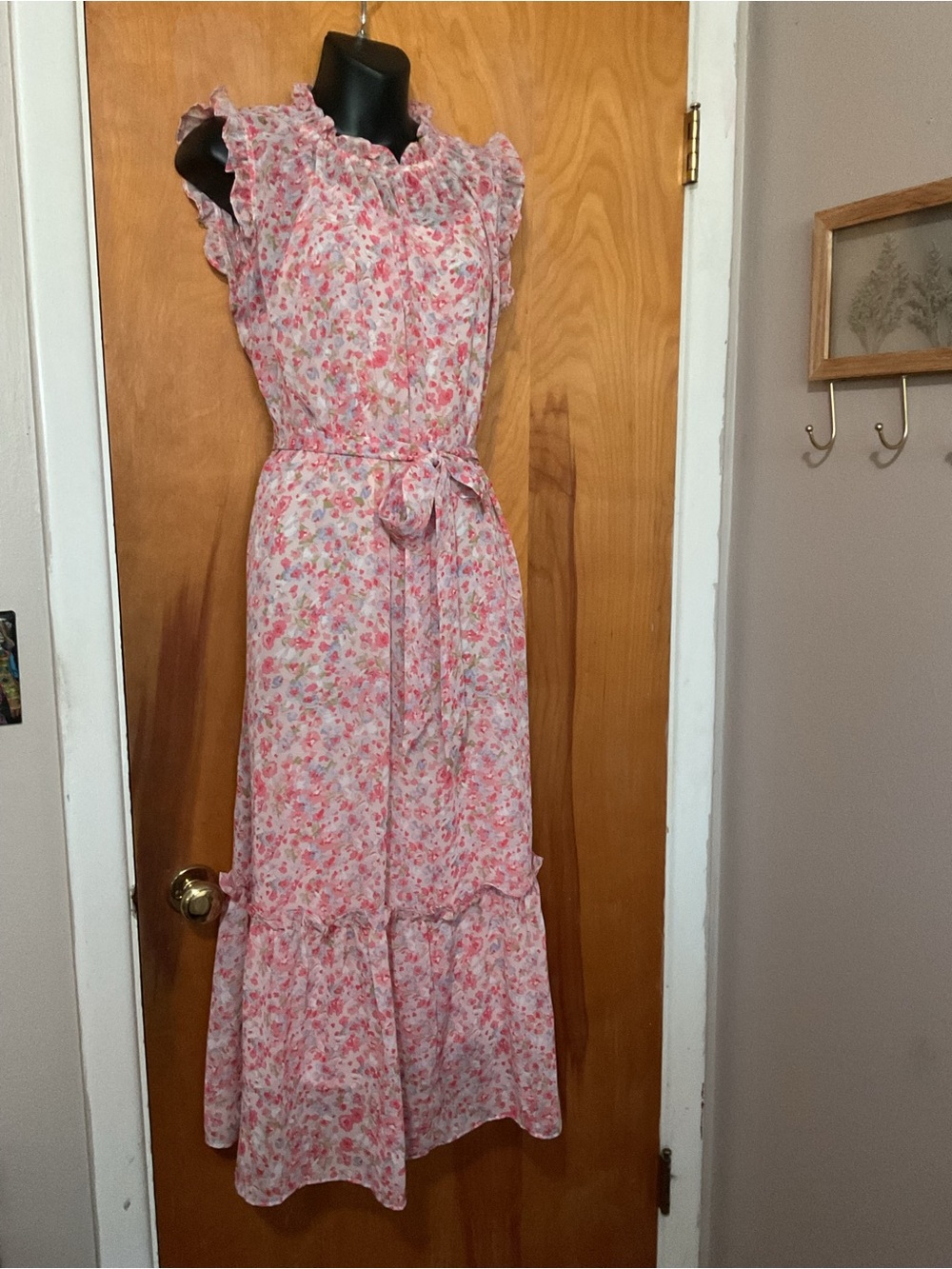 Floral Pink Ruffle Maxi Dress with Waist Tie